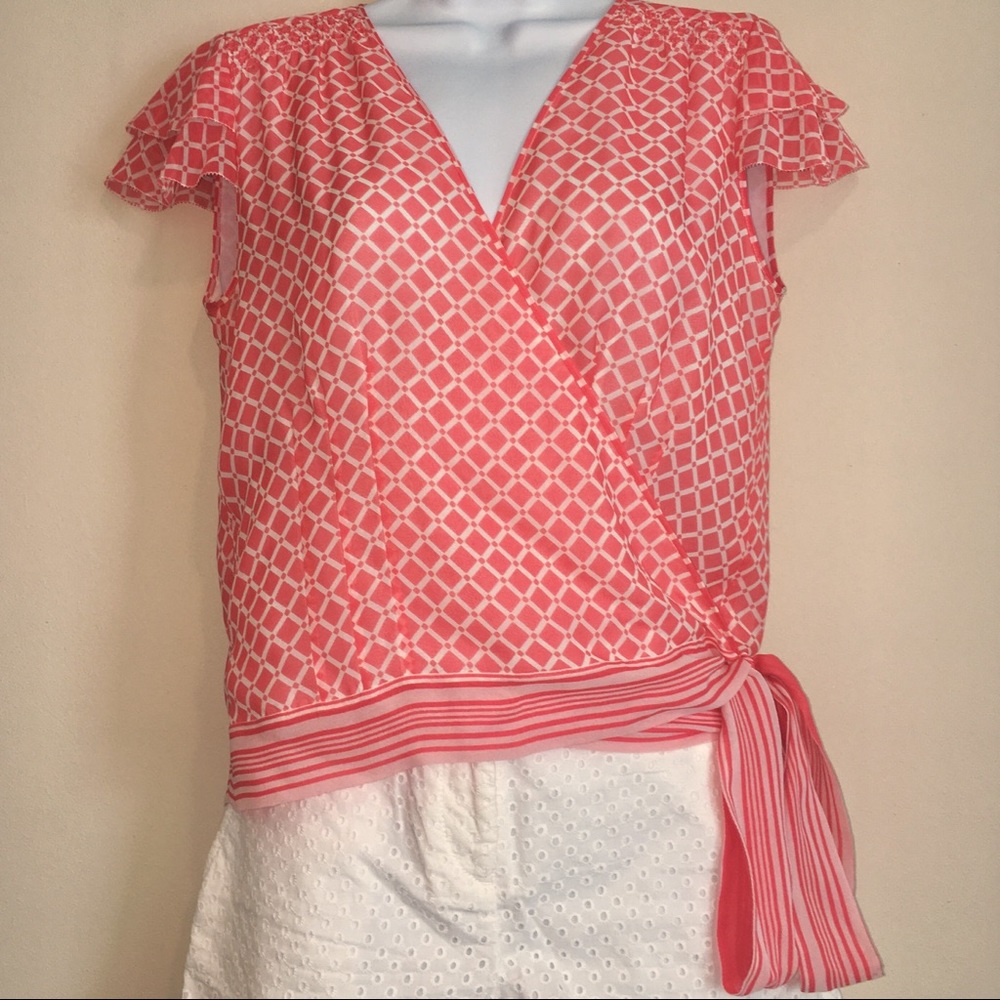 Ann Taylor Silk Coral Wrap Tie Blouse Small